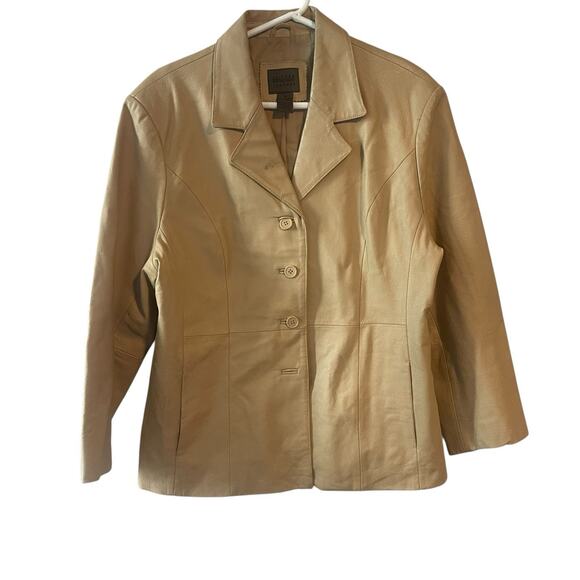 Y2K Preppy Leather Jacket Uniform Tan Beige Leather Lined Blazer Size 16 - Picture 1 of 7